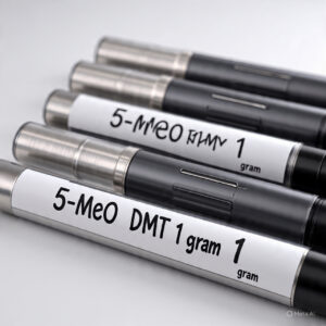 A 1 gram 5-MeO-DMT vape cartridge labeled '1G 5 MEO DMT', designed for European users, shown in stock and ready for use