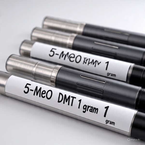 A 1 gram 5-MeO-DMT vape cartridge labeled '1G 5 MEO DMT', designed for European users, shown in stock and ready for use