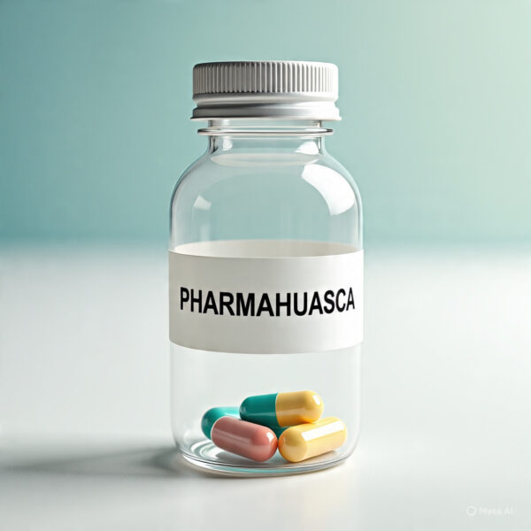Transparent plastic container labeled 'Pharmahuasca' filled with capsules inside