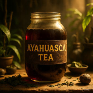 A glass jar labeled 'Ayahuasca Brew' filled with a dark liquid traditional ayahuasca preparation