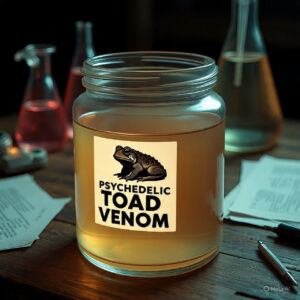 A glass container holding psychedelic toad venom, a potent natural substance used for its psychoactive properties