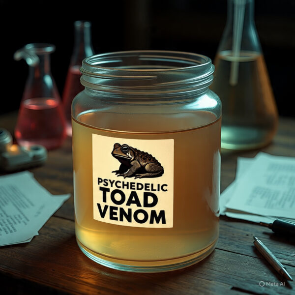 A glass container holding psychedelic toad venom, a potent natural substance used for its psychoactive properties