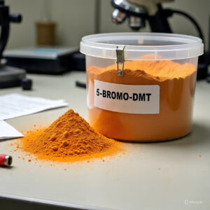 A sealed plastic container labeled '5-BROMO-DMT' containing 5-Bromo-DMT substance