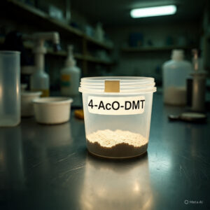A transparent plastic container labeled '4 ACO DMT' filled with 4-Acetoxy-DMT substance