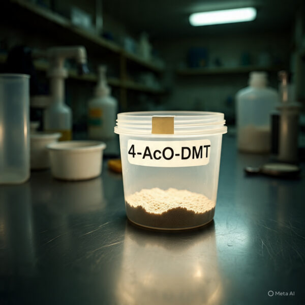 A transparent plastic container labeled '4 ACO DMT' filled with 4-Acetoxy-DMT substance