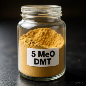 Sealed glass container labeled '5 MeO DMT' filled with 5-MeO-DMT powder