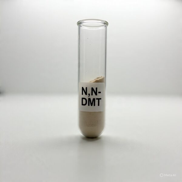 A lab test tube labeled 'NN DMT' containing N,N-DMT, a powerful psychedelic compound