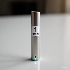 A 1 gram DMT vape pen standing upright with its LED light turned on, indicating it's in use
