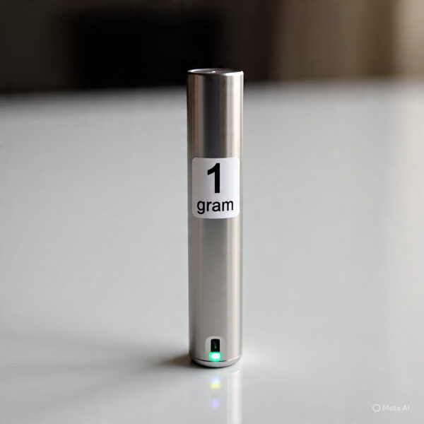 A 1 gram DMT vape pen standing upright with its LED light turned on, indicating it's in use