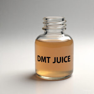 A glass container labeled 'DMT VAPE JUICE' filled with DMT vape liquid, intended for refilling vape pens.